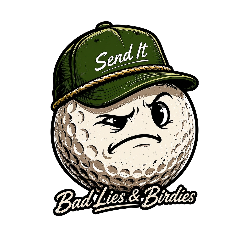 Bad Lies & Birdies mascot, golf ball in a Send It hat